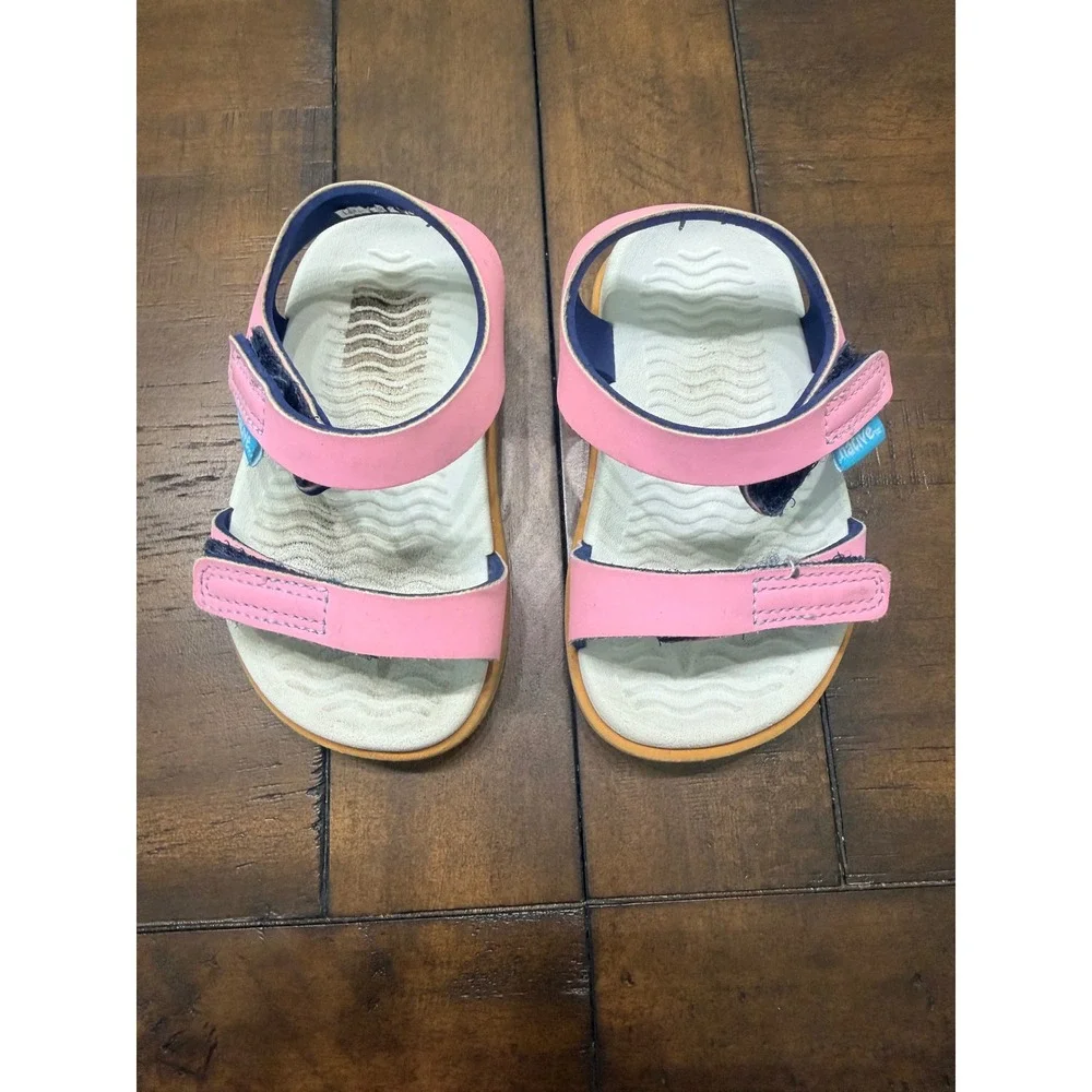 Native Charley Toddler Sandals Pink Navy Blue Size C6 Hook and Loop Straps